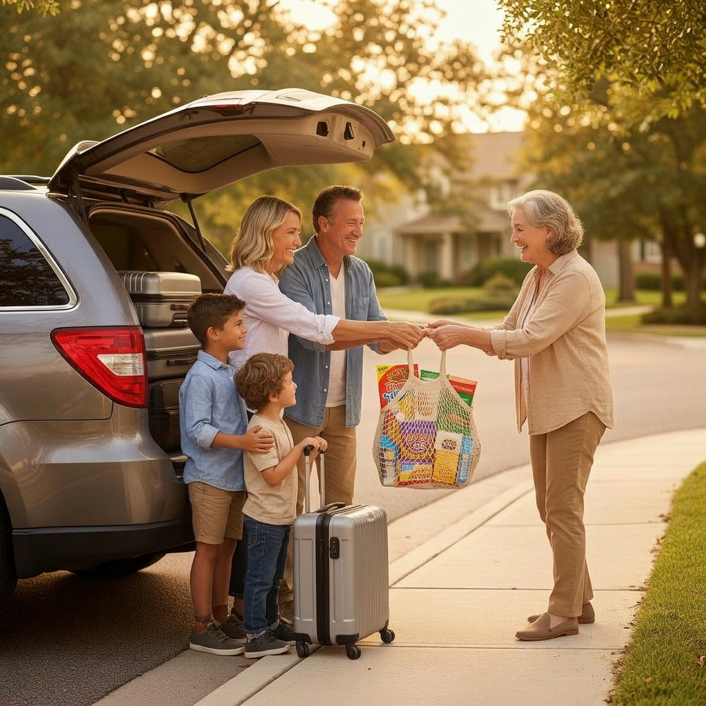 A family loading suitcases into a car while a neighbor approaches to collect unopened food items