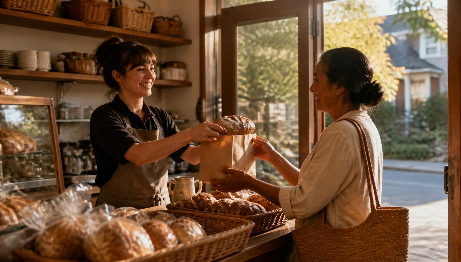 A café worker smiling as she hands a paper bag with a loaf of bread to a neighbor at the counter.